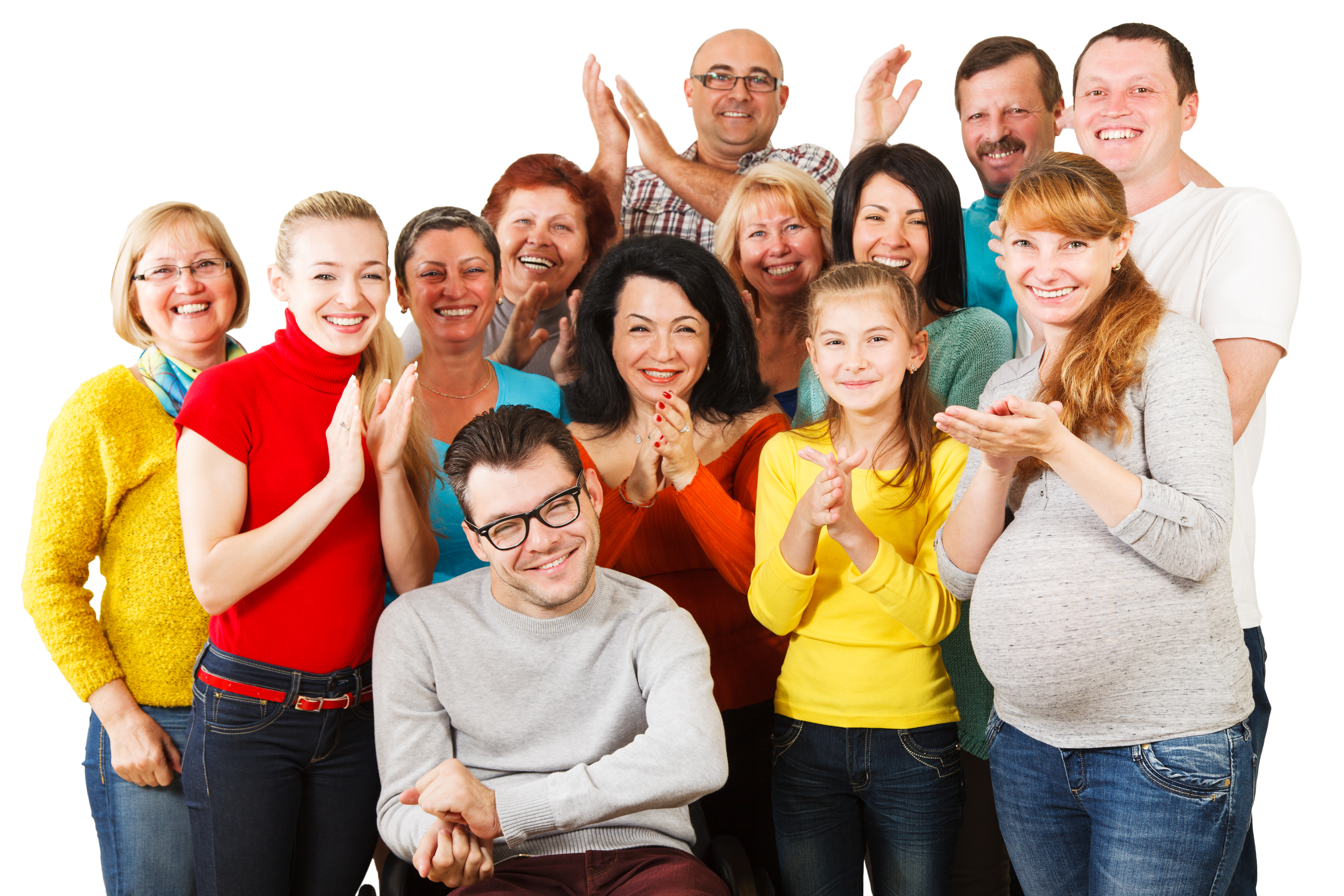 A diverse group of people who are clapping and smiling.