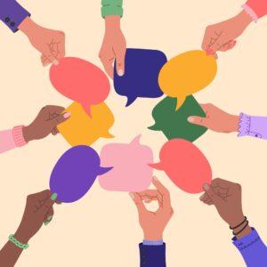 illustration of hands holding speech bubbles