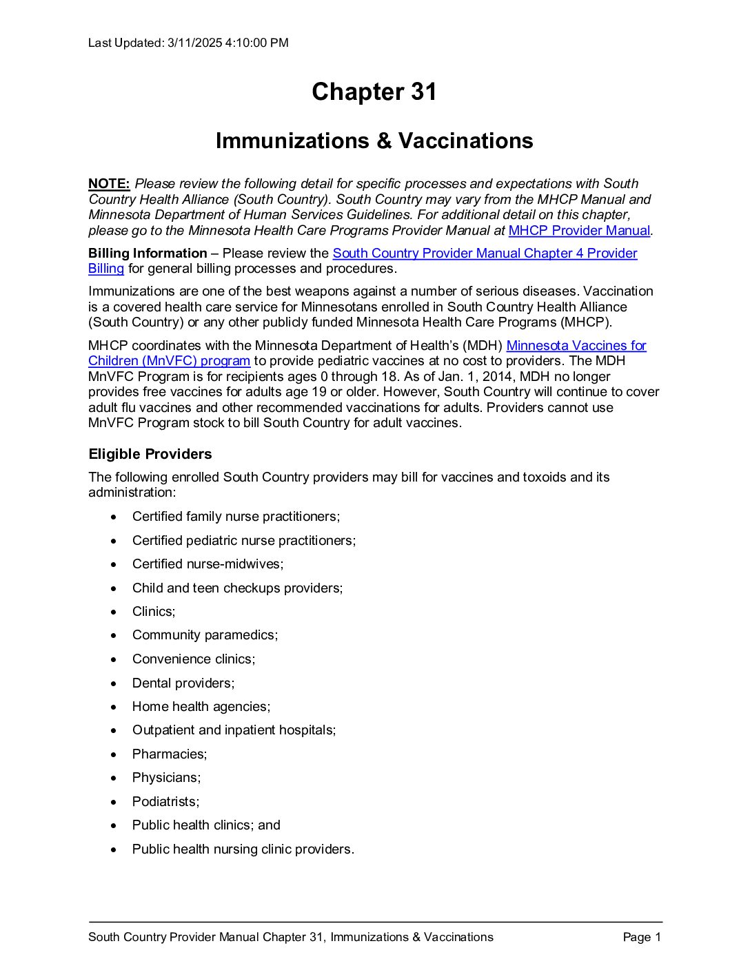 Provider Manual Chapter 31, Immunizations & Vaccinations – South ...