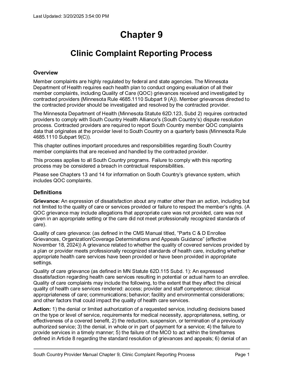 Health Reporting Process Provider Manual Chapter 9, Clinic Complaint Reporting Process – South ...