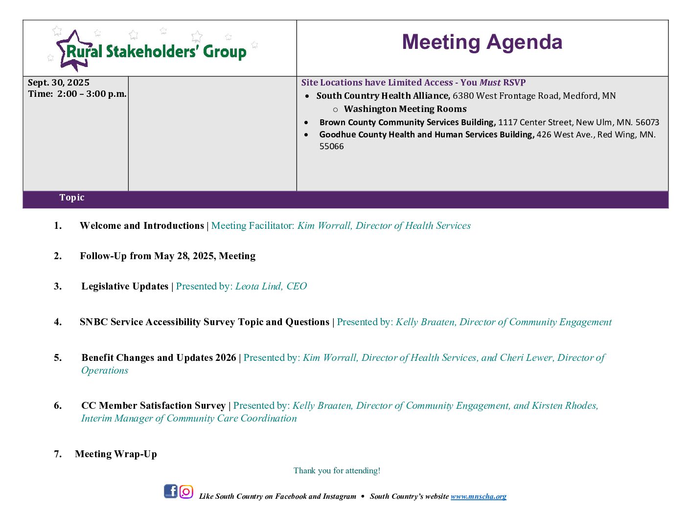 2025 Sept Rural Stakeholders Agenda - South Country Health Alliance